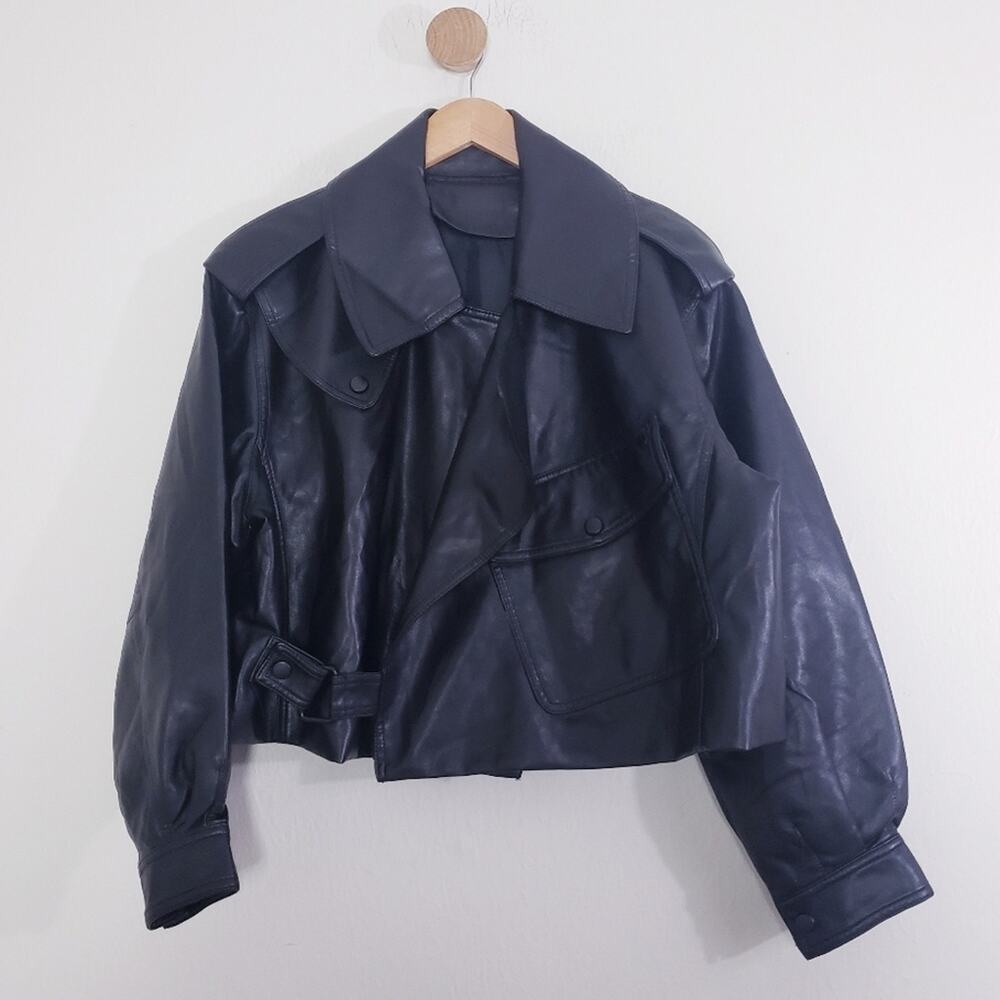Clad & Cloth Heather Faux Leather Cropped Moto Jacket Black Boxy Large NEW